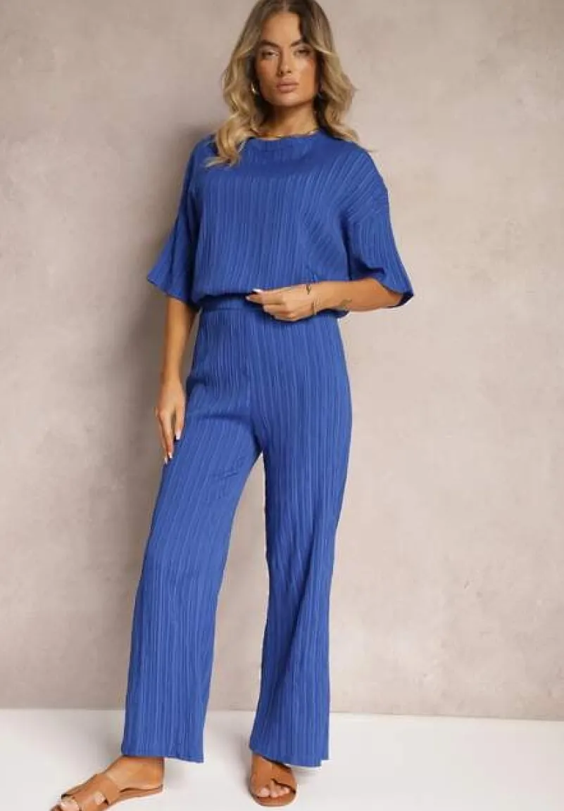 Niebieski Oversizowy Komplet z Wiskozą Luźna Bluzka i Proste Spodnie Varlivia