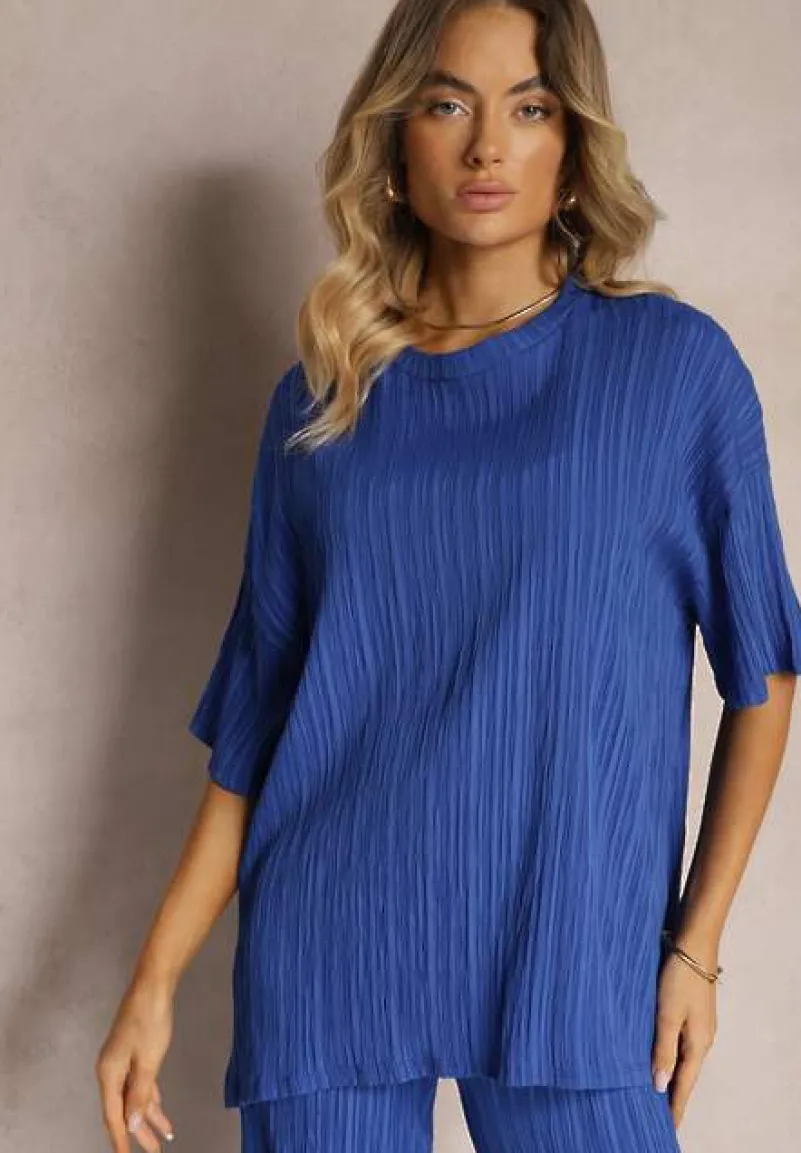 Niebieski Oversizowy Komplet z Wiskozą Luźna Bluzka i Proste Spodnie Varlivia