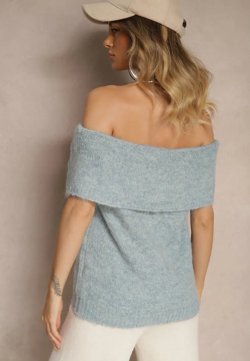 Niebieski Sweter Top z Hiszpańskim Wywijanym Dekoltem z Wełną Inarose