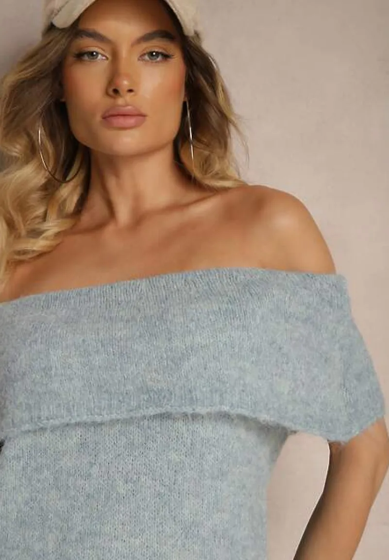 Niebieski Sweter Top z Hiszpańskim Wywijanym Dekoltem z Wełną Inarose