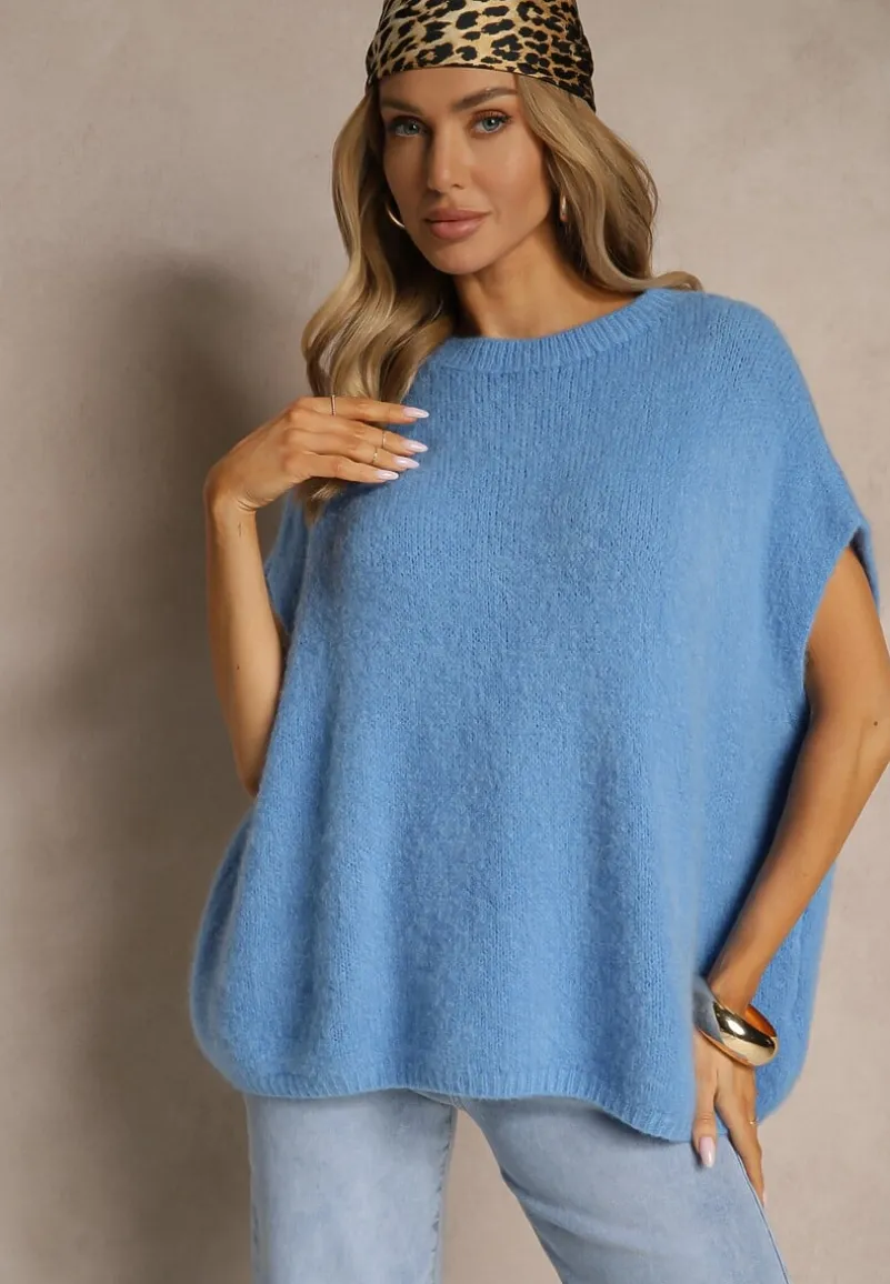 Niebieski Sweter z Bawełną w Stylu Nietoperza Nilariella