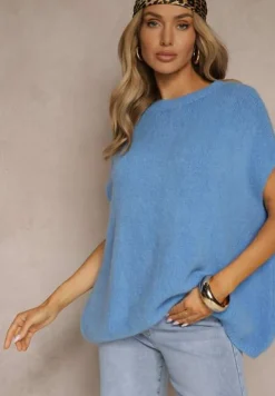 Niebieski Sweter z Bawełną w Stylu Nietoperza Nilariella