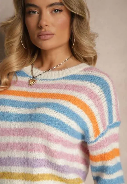 Niebieski Sweter z Dodatkiem Wełny w Kolorowe Paski Aslefa