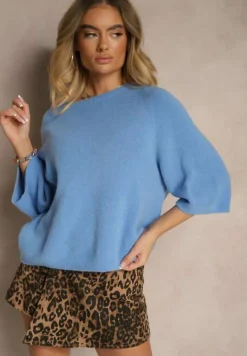 Niebieski Sweter z Rękawami 3/4 z Wełną Dannalin