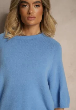 Niebieski Sweter z Rękawami 3/4 z Wełną Dannalin