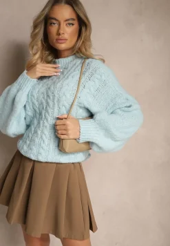 Niebieski Sweter z Wełną o Eleganckim Warkoczowym Splotem Makkaria
