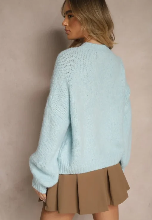 Niebieski Sweter z Wełną o Eleganckim Warkoczowym Splotem Makkaria