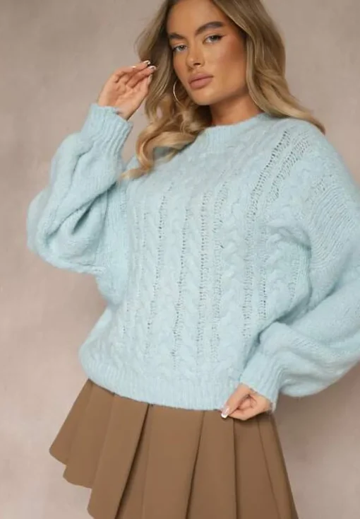 Niebieski Sweter z Wełną o Eleganckim Warkoczowym Splotem Makkaria
