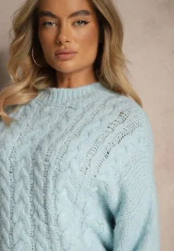 Niebieski Sweter z Wełną o Eleganckim Warkoczowym Splotem Makkaria