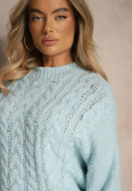 Niebieski Sweter z Wełną o Eleganckim Warkoczowym Splotem Makkaria