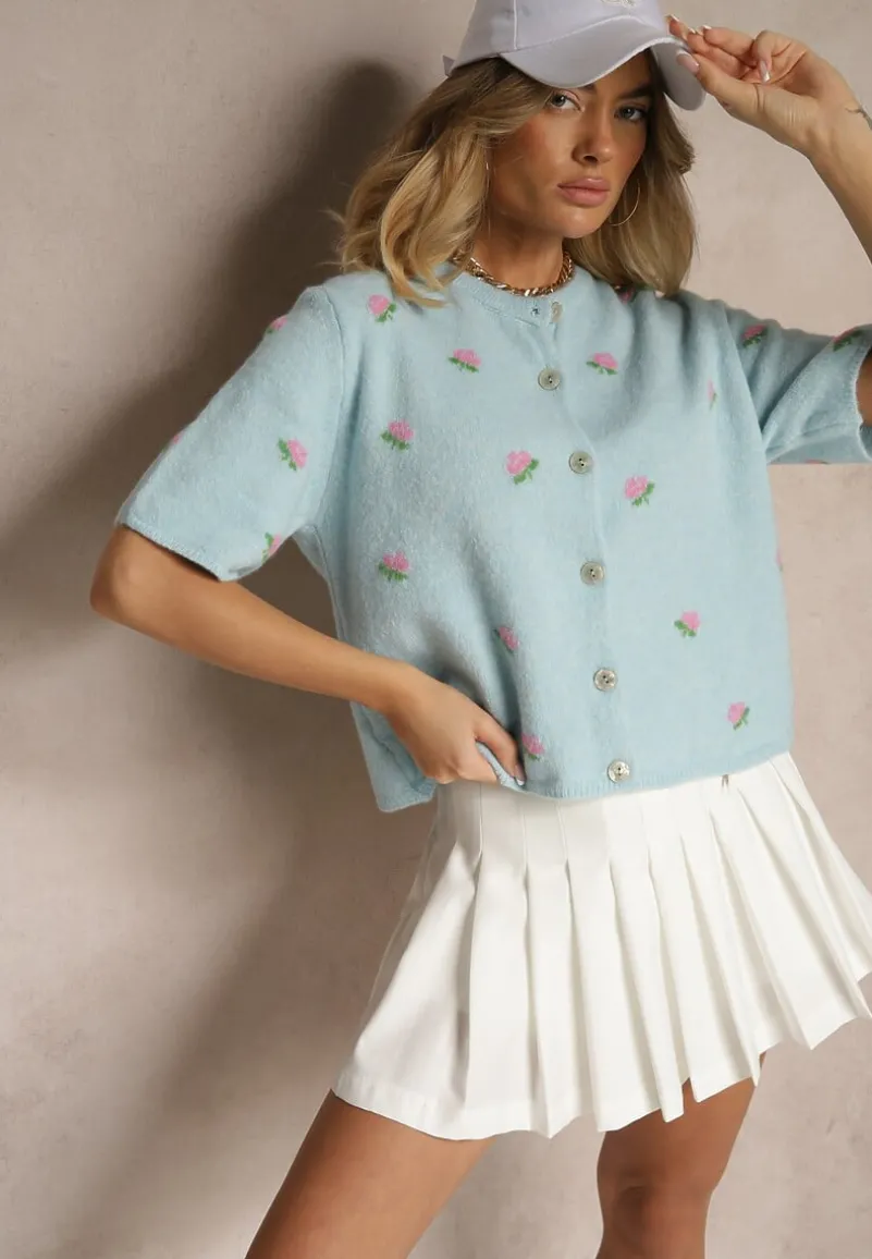 Niebieski Wzorzysty Sweter Kardigan z Krótkim Rękawem z Dodatkiem Wełny Korivelle