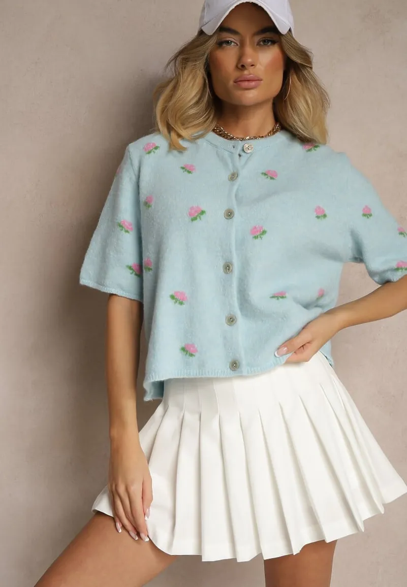 Niebieski Wzorzysty Sweter Kardigan z Krótkim Rękawem z Dodatkiem Wełny Korivelle