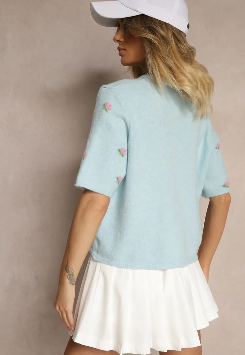 Niebieski Wzorzysty Sweter Kardigan z Krótkim Rękawem z Dodatkiem Wełny Korivelle