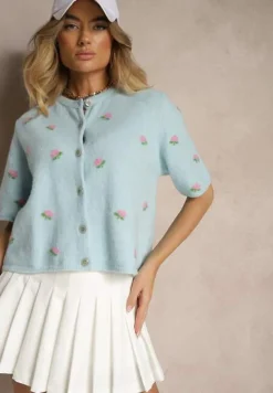 Niebieski Wzorzysty Sweter Kardigan z Krótkim Rękawem z Dodatkiem Wełny Korivelle