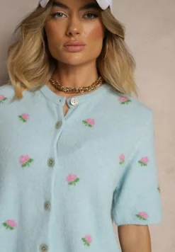 Niebieski Wzorzysty Sweter Kardigan z Krótkim Rękawem z Dodatkiem Wełny Korivelle