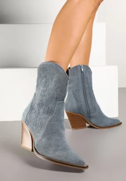 Niebieskie Ażurowe Botki Kowbojki na Stożkowym Obcasie Leanorin