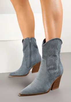 Niebieskie Ażurowe Botki Kowbojki na Stożkowym Obcasie Leanorin