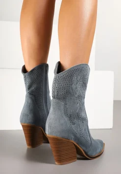 Niebieskie Ażurowe Botki Kowbojki na Stożkowym Obcasie Leanorin