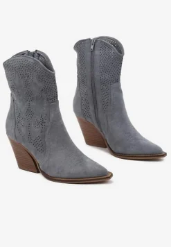 Niebieskie Ażurowe Botki Kowbojki na Stożkowym Obcasie Leanorin