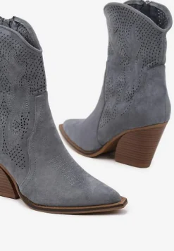 Niebieskie Ażurowe Botki Kowbojki na Stożkowym Obcasie Leanorin