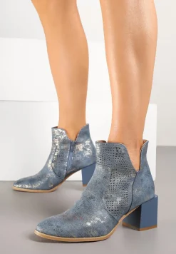 Niebieskie Ażurowe Botki na Słupku Ozdobione Wycięciem Ilinalla