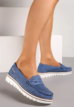Niebieskie Ażurowe Mokasyny Casual z Wkładką ze Skóry Naturalnej Marra
