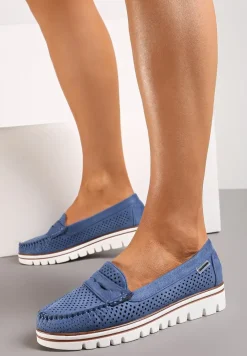Niebieskie Ażurowe Mokasyny Casual z Wkładką ze Skóry Naturalnej Marra