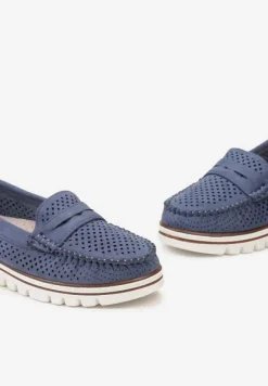 Niebieskie Ażurowe Mokasyny Casual z Wkładką ze Skóry Naturalnej Marra