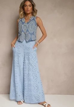 Niebieskie Ażurowe Spodnie z Bawełny High Waist o Szerokim Kroju Evinassa