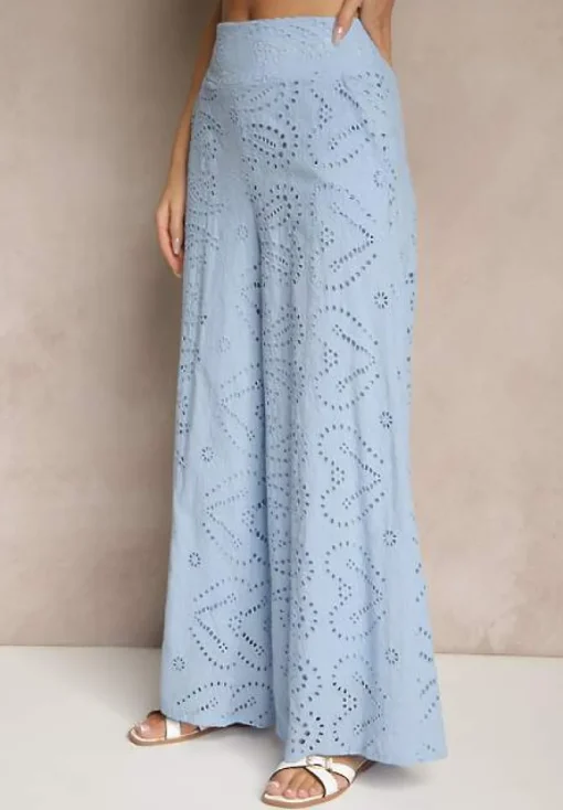 Niebieskie Ażurowe Spodnie z Bawełny High Waist o Szerokim Kroju Evinassa