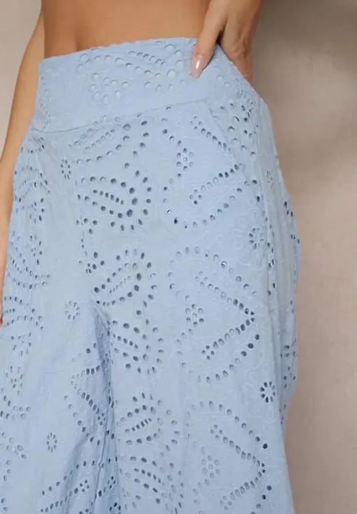 Niebieskie Ażurowe Spodnie z Bawełny High Waist o Szerokim Kroju Evinassa