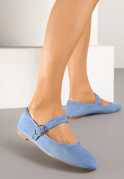 Niebieskie Balerinki w Stylu Mary Jane z Imitacji Zamszu Lisalira