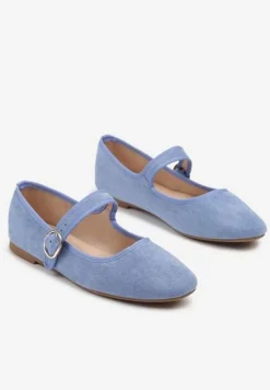 Niebieskie Balerinki w Stylu Mary Jane z Imitacji Zamszu Lisalira