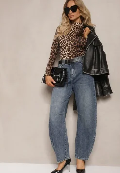 Niebieskie Bawełniane Jeansy Boyfriend High Waist Ozdobione Paskiem Elvittia