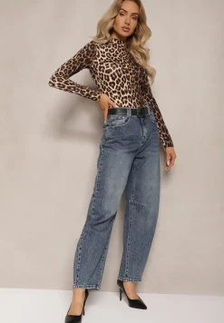 Niebieskie Bawełniane Jeansy Boyfriend High Waist Ozdobione Paskiem Elvittia