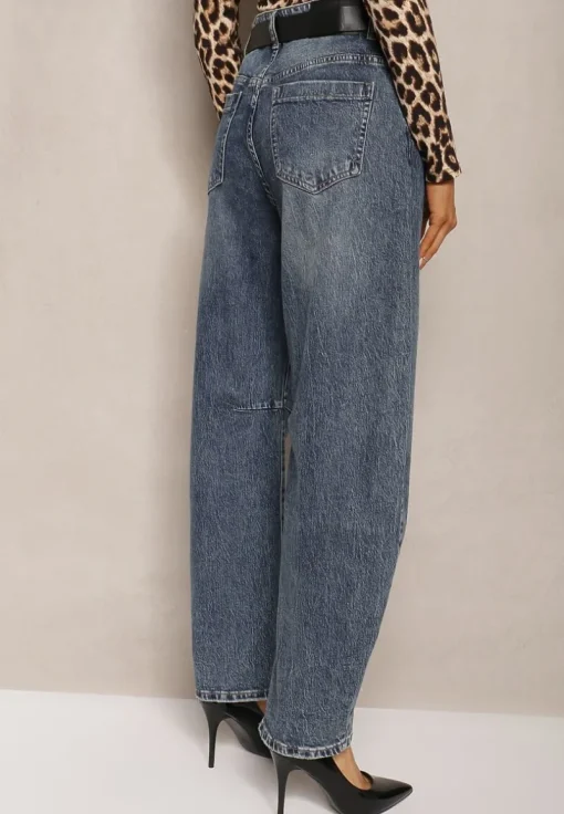 Niebieskie Bawełniane Jeansy Boyfriend High Waist Ozdobione Paskiem Elvittia