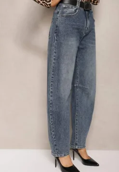 Niebieskie Bawełniane Jeansy Boyfriend High Waist Ozdobione Paskiem Elvittia
