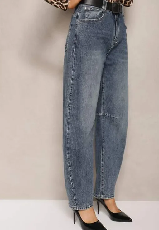 Niebieskie Bawełniane Jeansy Boyfriend High Waist Ozdobione Paskiem Elvittia