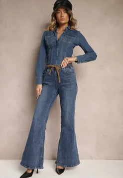 Niebieskie Bawełniane Jeansy Dzwony High Waist Ozdobione Sznurkiem Sovirra