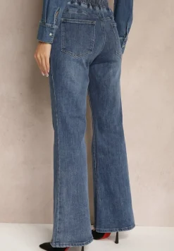 Niebieskie Bawełniane Jeansy Dzwony High Waist Ozdobione Sznurkiem Sovirra