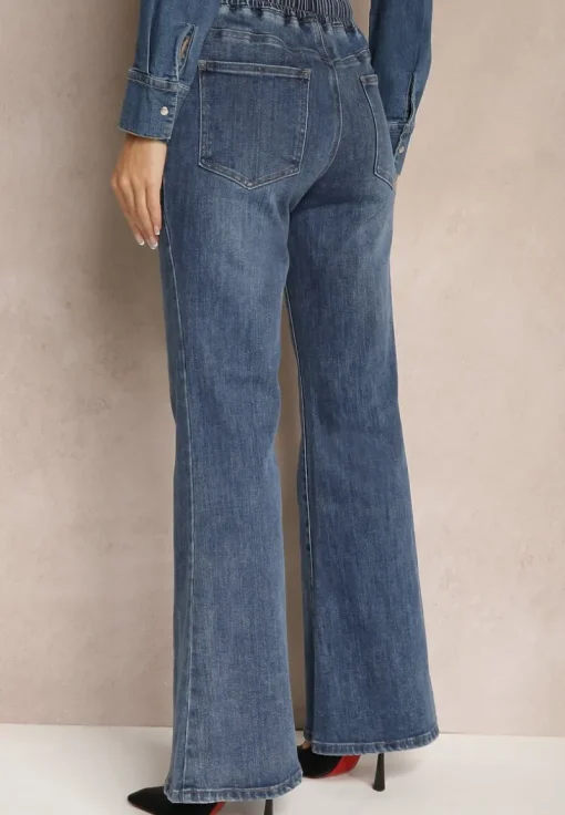 Niebieskie Bawełniane Jeansy Dzwony High Waist Ozdobione Sznurkiem Sovirra