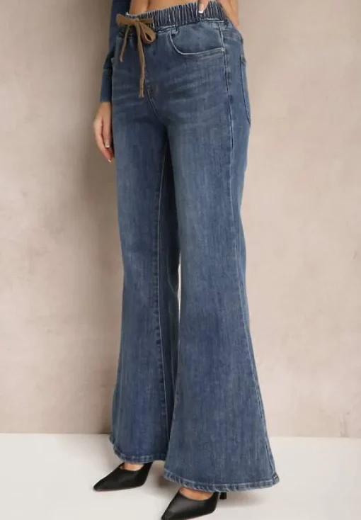 Niebieskie Bawełniane Jeansy Dzwony High Waist Ozdobione Sznurkiem Sovirra