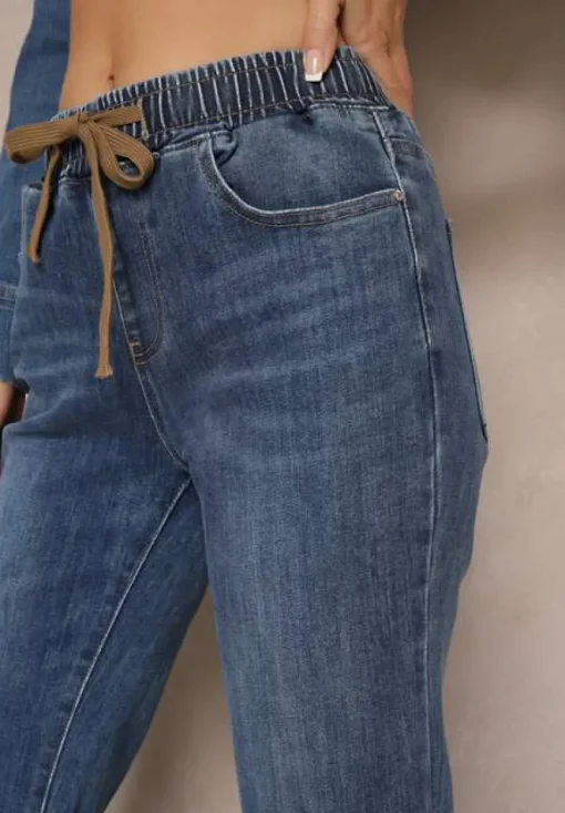 Niebieskie Bawełniane Jeansy Dzwony High Waist Ozdobione Sznurkiem Sovirra