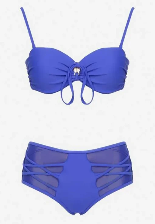 Niebieskie Bikini Biustonosz i Majtki Figi High Waist z Siateczkowymi Zdobieniami Kinovia