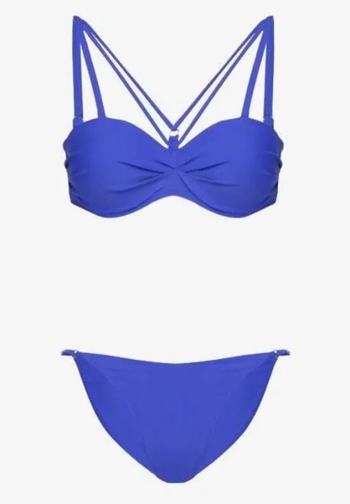 Niebieskie Bikini Majtki Typu Figi i Biustonosz z Ozdobnymi Paskami Fadelinna