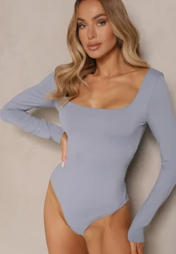 Niebieskie Body Longsleeve o Dopasowanym Kroju z Kwadratowym Dekoltem Sesadiel