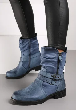 Niebieskie Botki Bikery na Płaskiej Podeszwie Ozdobione Paskiem ze Sprzączką Nelizia