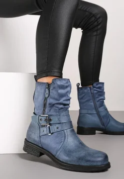 Niebieskie Botki Bikery na Płaskiej Podeszwie Ozdobione Paskiem ze Sprzączką Nelizia