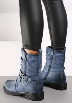 Niebieskie Botki Bikery na Płaskiej Podeszwie Ozdobione Paskiem ze Sprzączką Nelizia