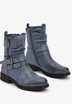 Niebieskie Botki Bikery na Płaskiej Podeszwie Ozdobione Paskiem ze Sprzączką Nelizia